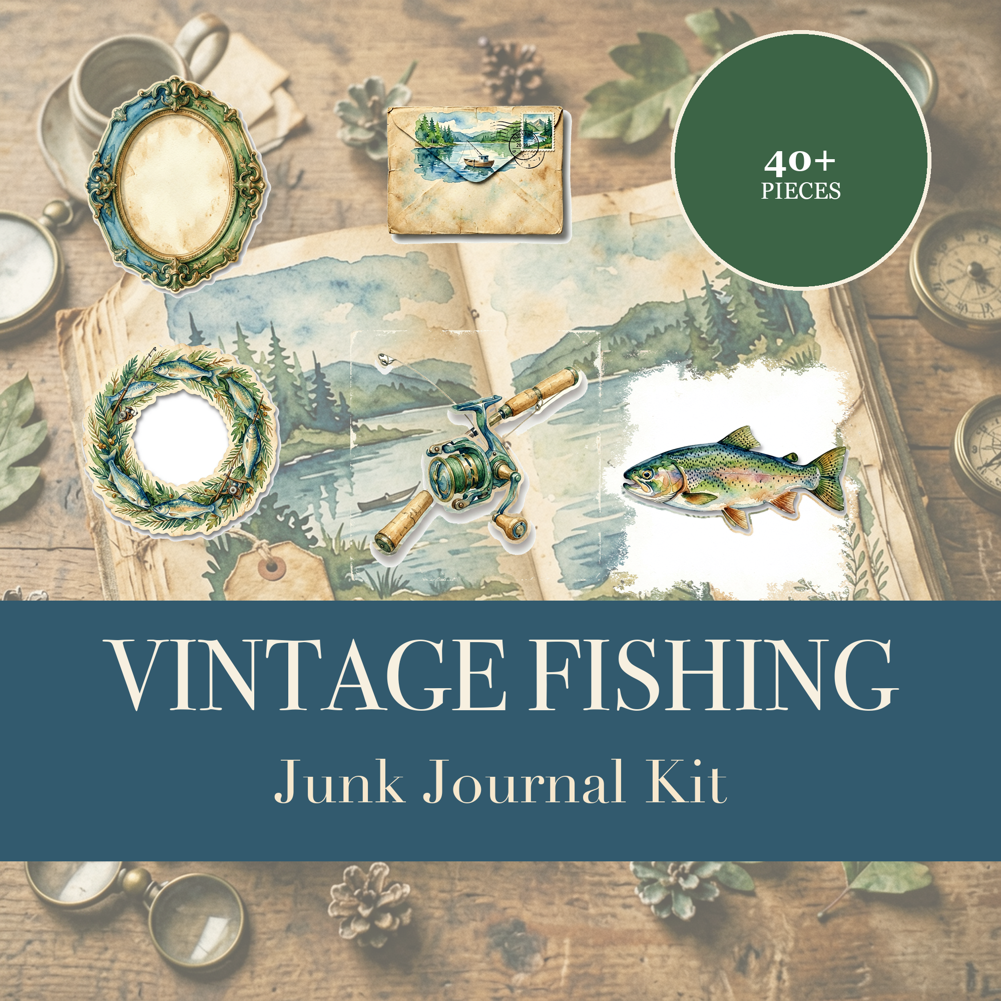 Vintage Fishing Junk Journal Kit | Lakeside Cabin & Angler Ephemera | Printable Cut-Outs | Digital Download