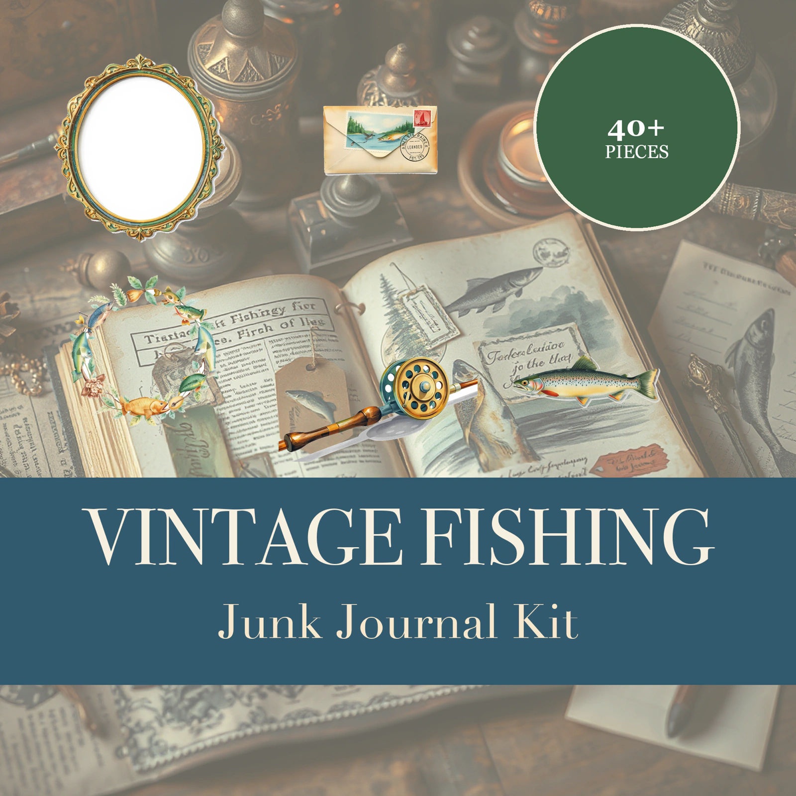 Vintage Fishing Junk Journal Kit | Lakeside Cabin & Angler Ephemera | Printable Cut-Outs | Digital Download