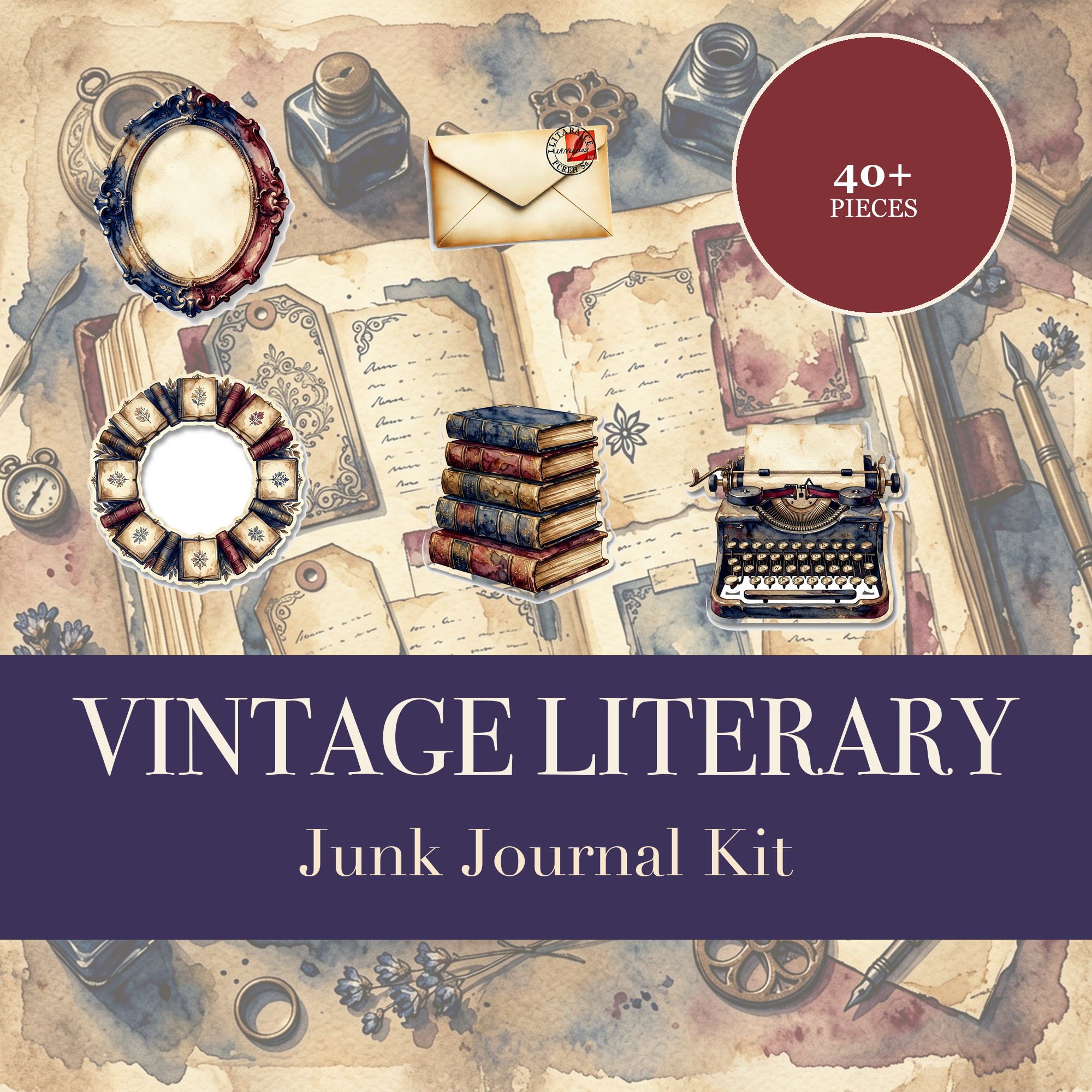 Kit de Junk Journal Literario Vintage | Efímera de Libros y Máquina de Escribir | Recortables Imprimibles | Descarga Digital
