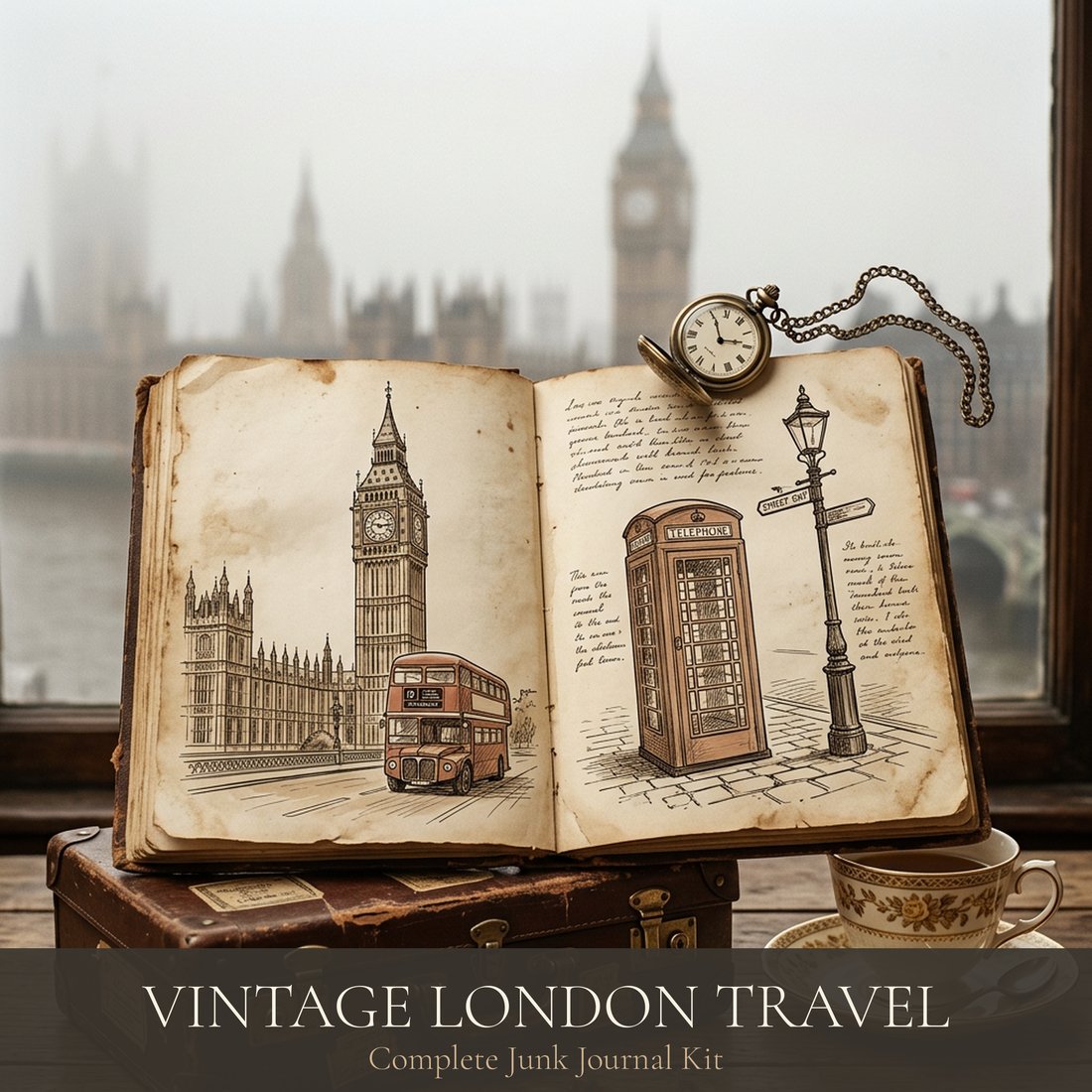 Vintage London Travel Junk Journal Kit | Foggy Street Ephemera + Printable Sheets | Digital Download