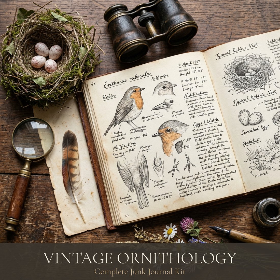 Vintage Ornithology Junk Journal Kit | Naturalist Bird Plates & Nests Ephemera | Digital Download