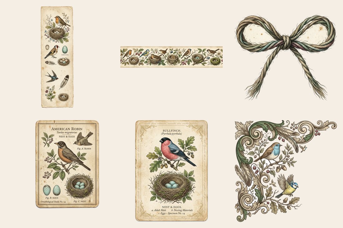 Vintage Ornithology Junk Journal Kit | Naturalist Bird Plates & Nests Ephemera | Digital Download