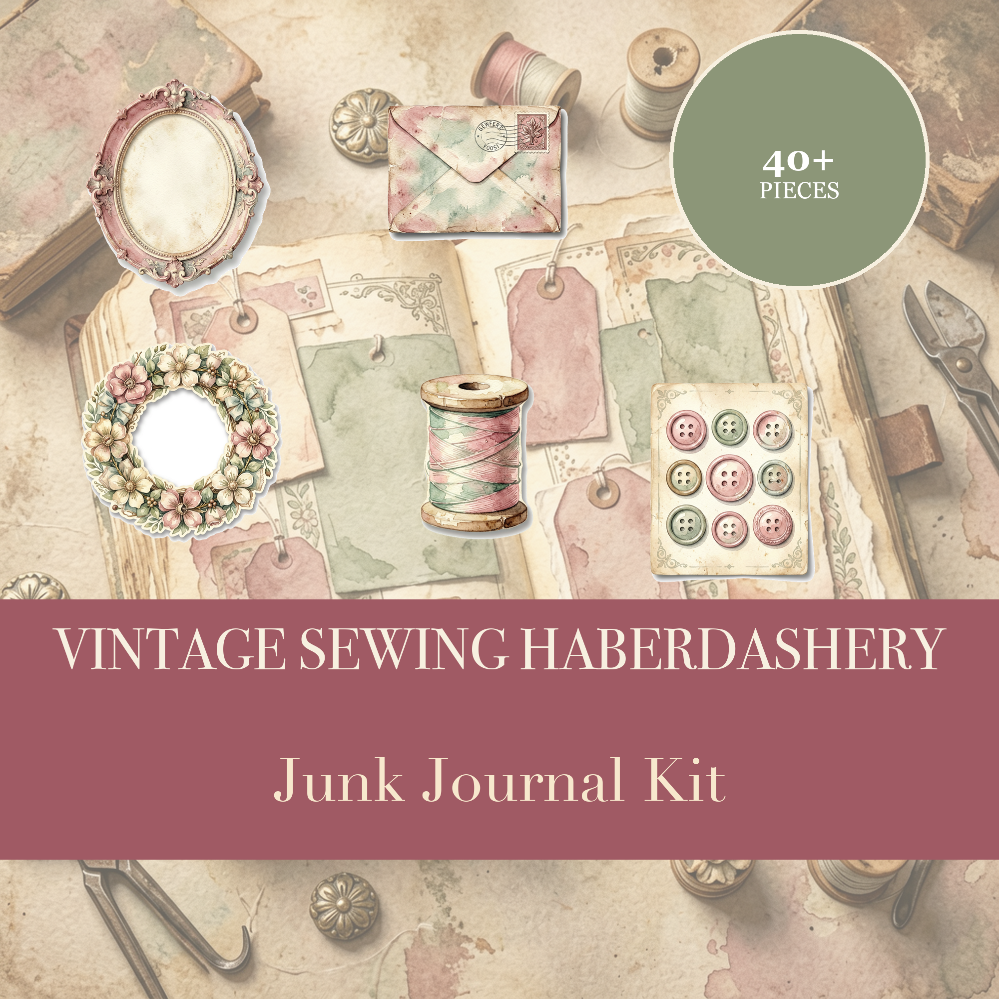 Vintage Sewing Haberdashery Junk Journal Kit | Notions & Textile Ephemera | Printable Cut-Outs | Digital Download