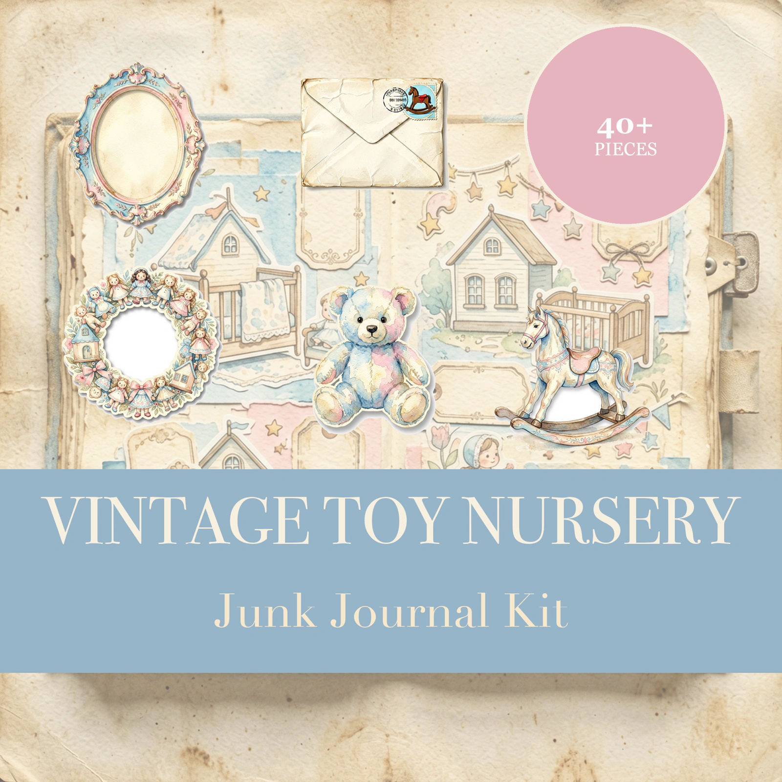 Vintage-Spielzeug-Kinderzimmer Junk-Journal-Kit | Teddybär- & Baby-Ephemera-Papiere | Druckbare Ausschneidemotive | Digitaler Download