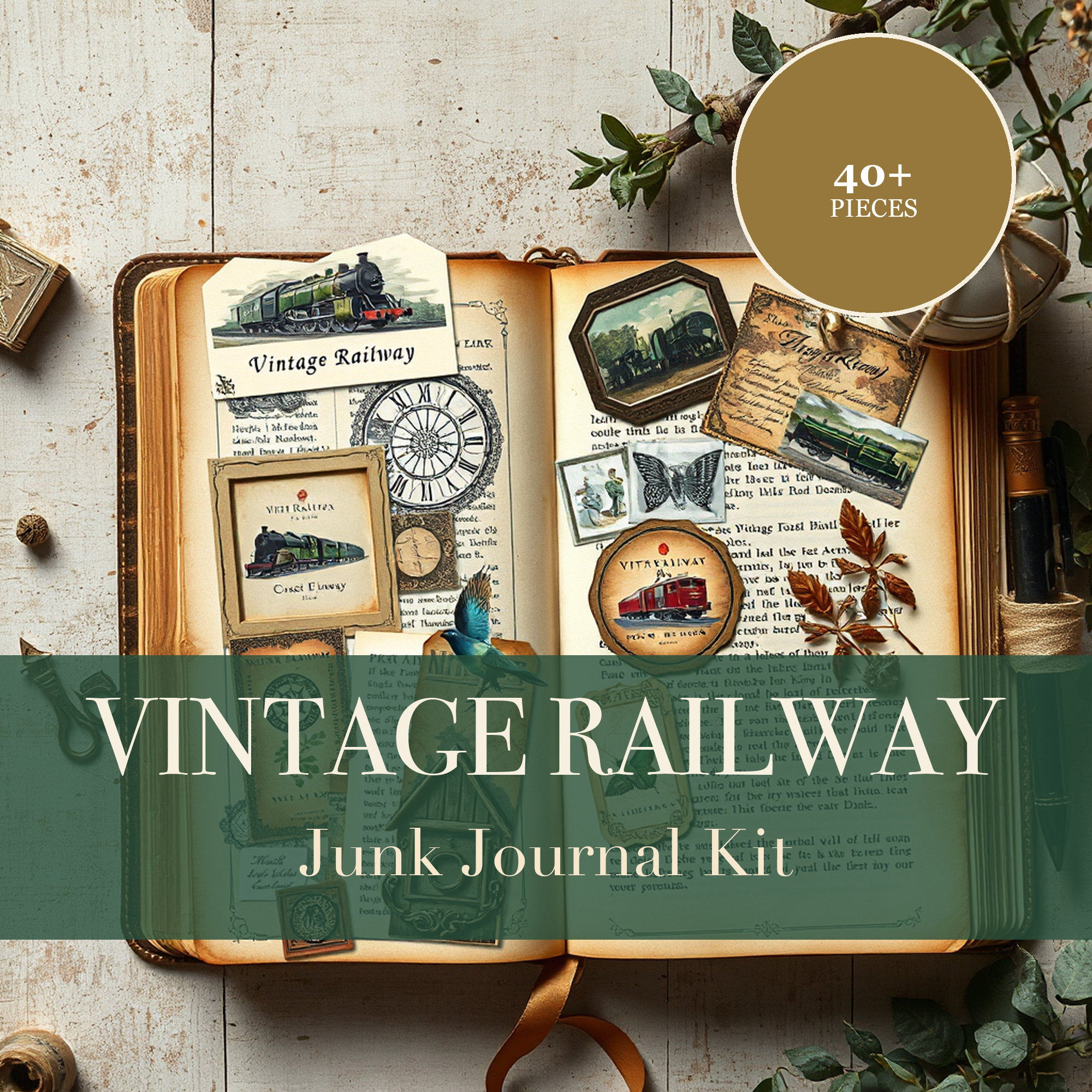 Vintage Railway Junk Journal Kit | Steam Train & Travel Ephemera Papers | Printable Cut-Outs | Digital Download