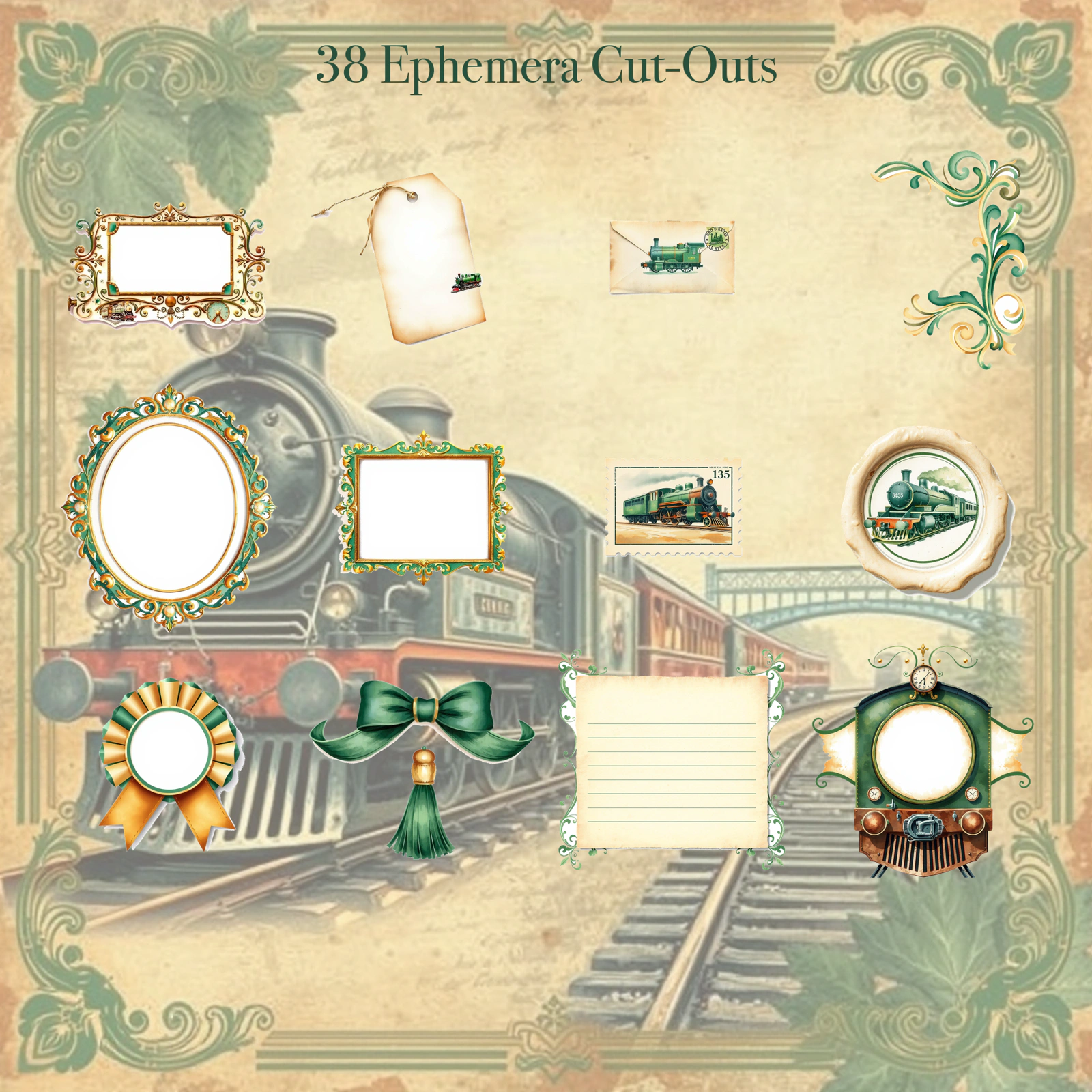Vintage Railway Junk Journal Kit | Steam Train & Travel Ephemera Papers | Printable Cut-Outs | Digital Download