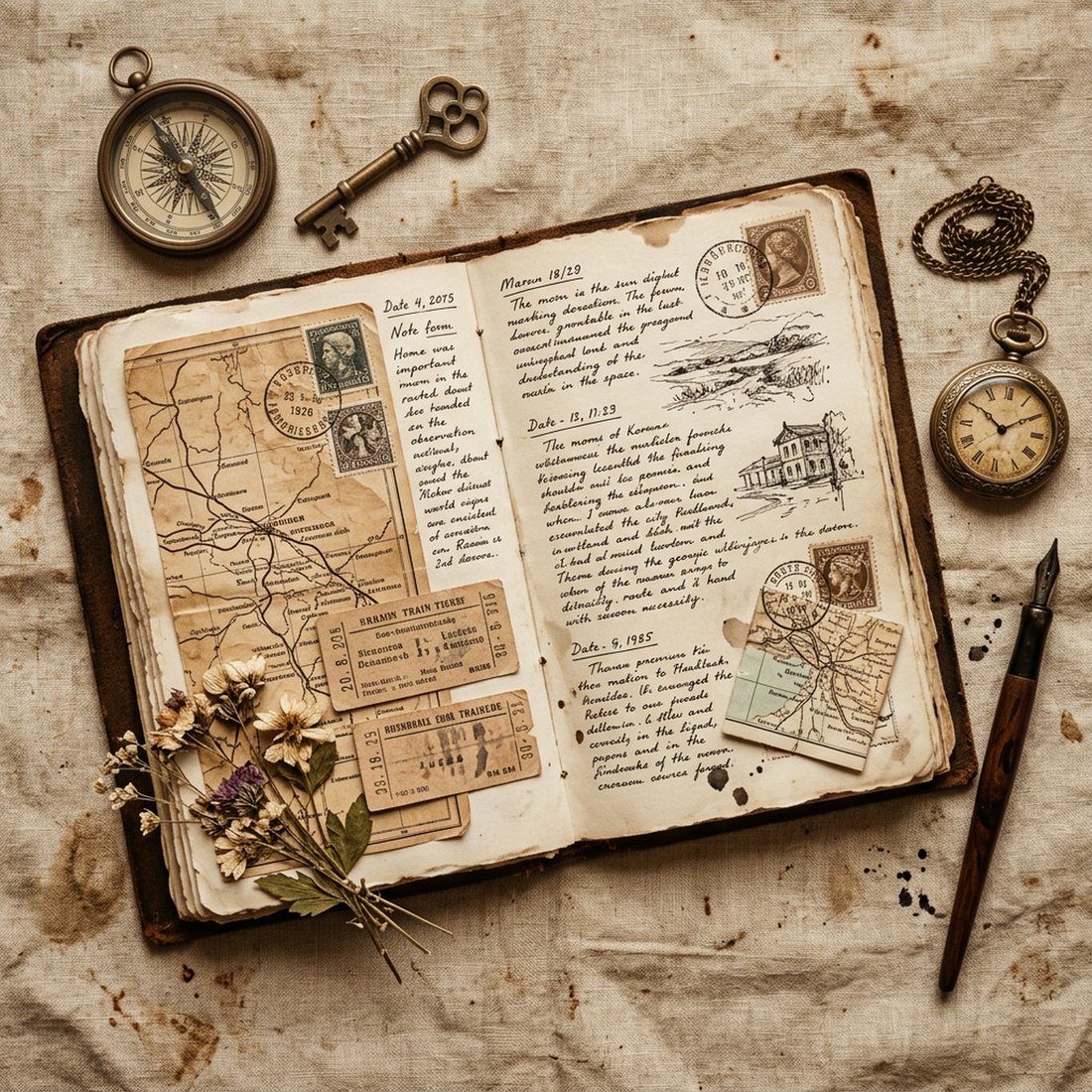 Kit Junk Journal Vintage Voyage | Éphémères Vintage : Cartes Anciennes et Timbres-Poste + Feuilles à Imprimer | Téléchargement Numérique