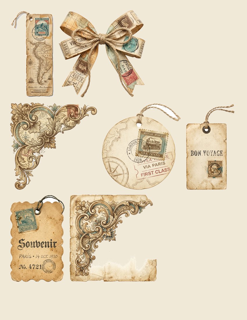 Vintage Voyage Travel Junk Journal Kit | Antique Map Postage Ephemera + Printable Sheets | Digital Download