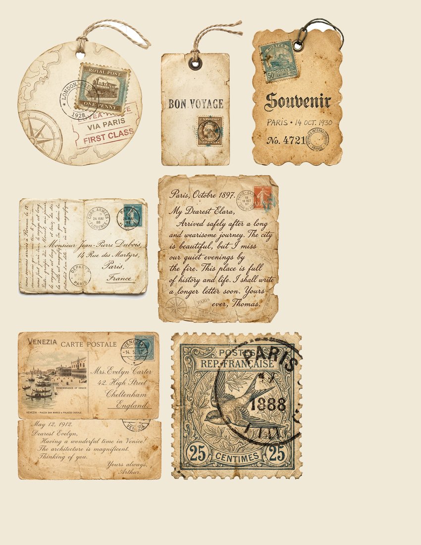 Vintage Voyage Travel Junk Journal Kit | Antique Map Postage Ephemera + Printable Sheets | Digital Download