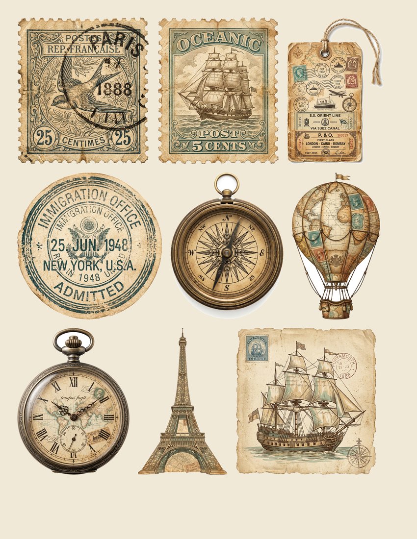 Vintage Voyage Travel Junk Journal Kit | Antique Map Postage Ephemera + Printable Sheets | Digital Download