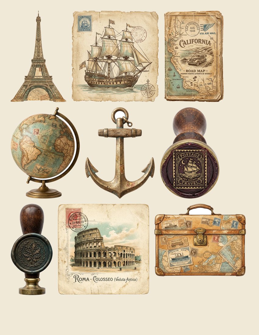 Vintage Voyage Travel Junk Journal Kit | Antique Map Postage Ephemera + Printable Sheets | Digital Download