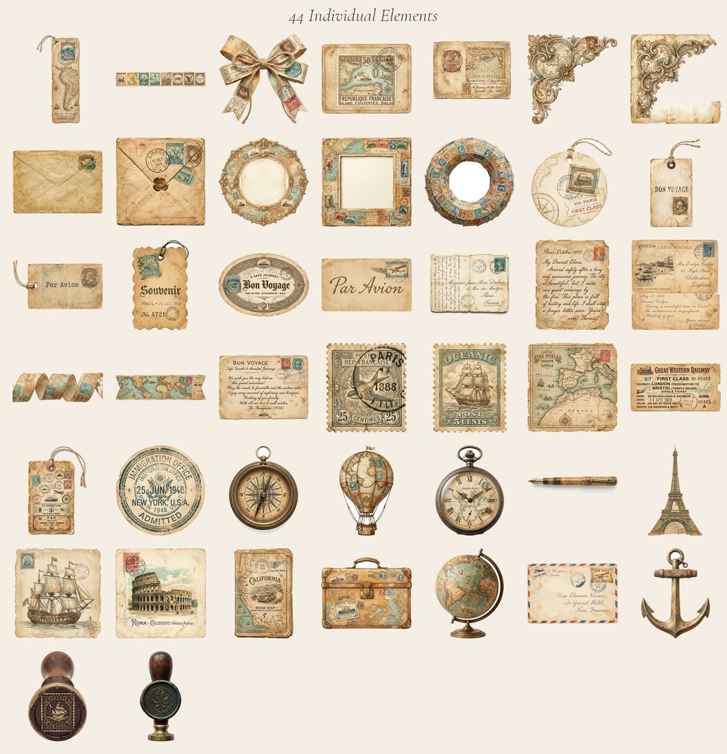 Vintage Voyage Travel Junk Journal Kit | Antique Map Postage Ephemera + Printable Sheets | Digital Download