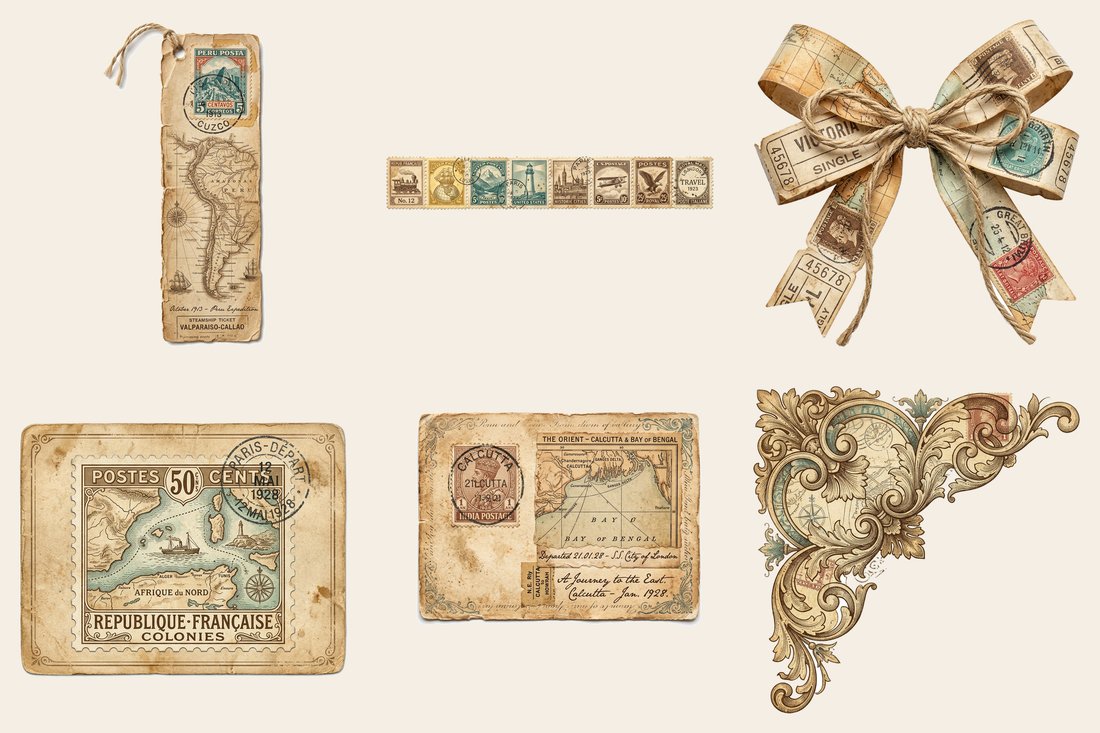 Vintage Voyage Travel Junk Journal Kit | Antique Map Postage Ephemera + Printable Sheets | Digital Download