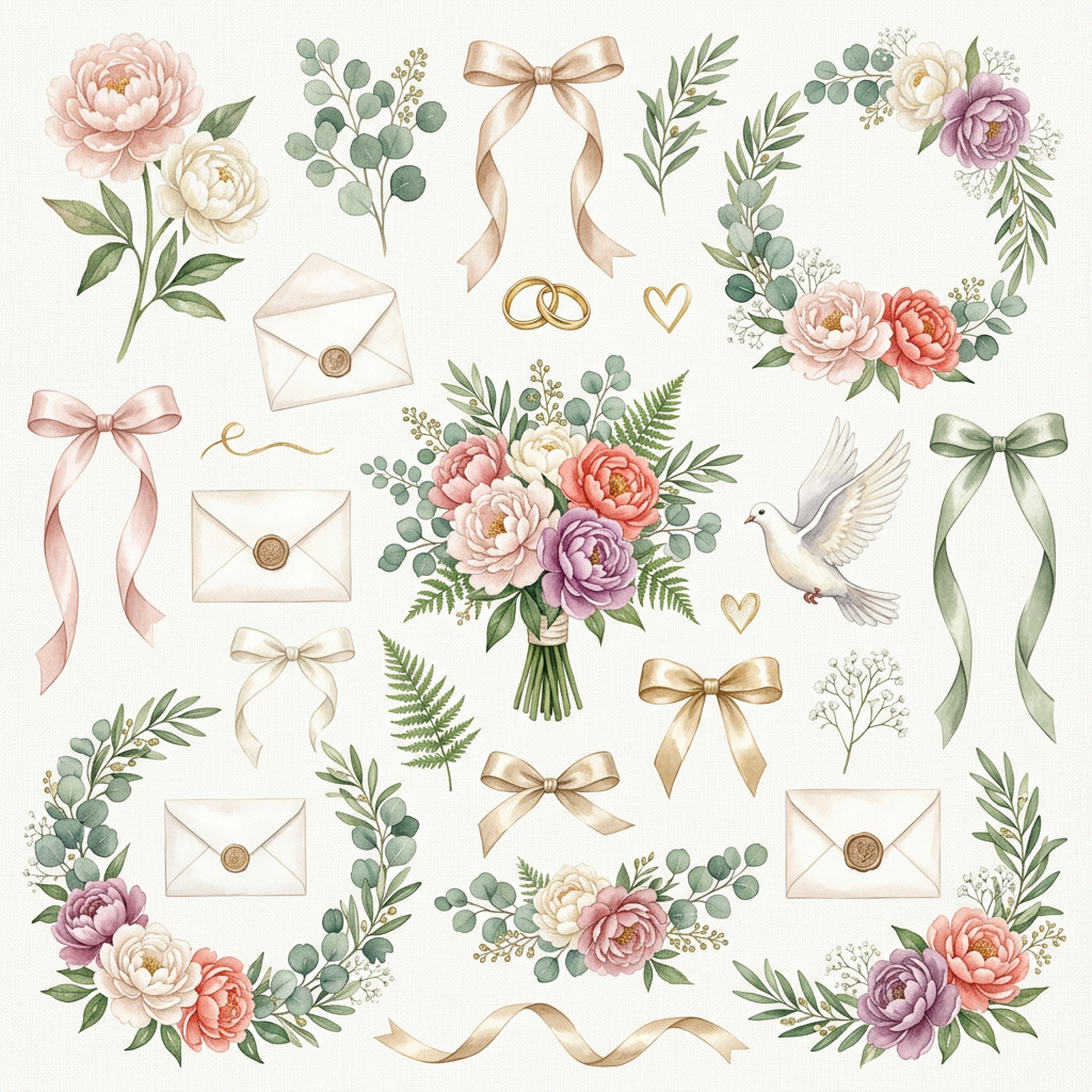 Watercolor Bridal Peonies and Eucalyptus Clipart, 30 PNG, Transparent Background, Commercial Use, Digital Download