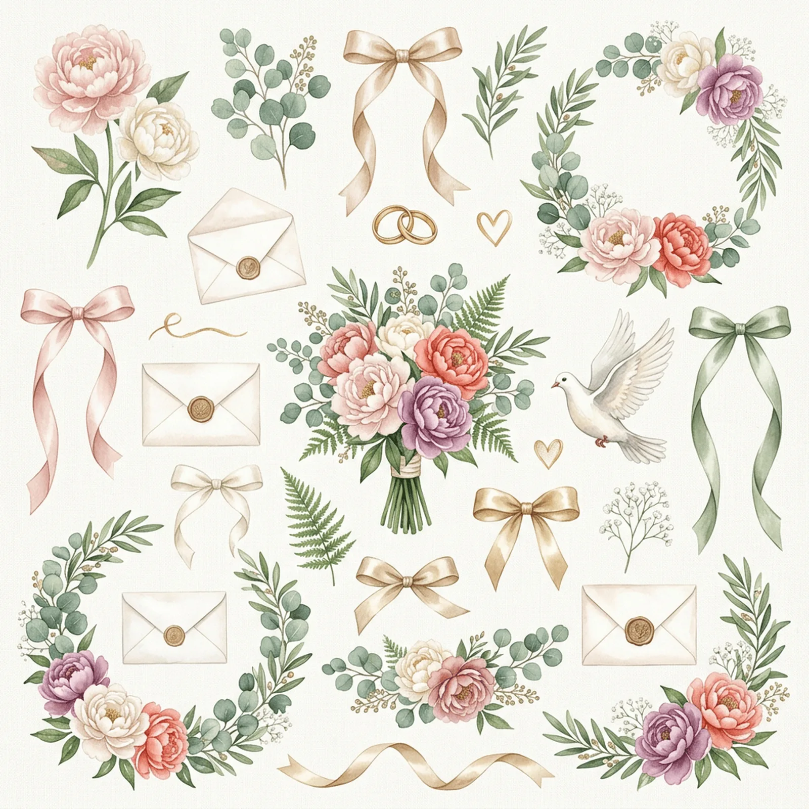 Watercolor Bridal Peonies and Eucalyptus Clipart, 30 PNG, Transparent Background, Commercial Use, Digital Download