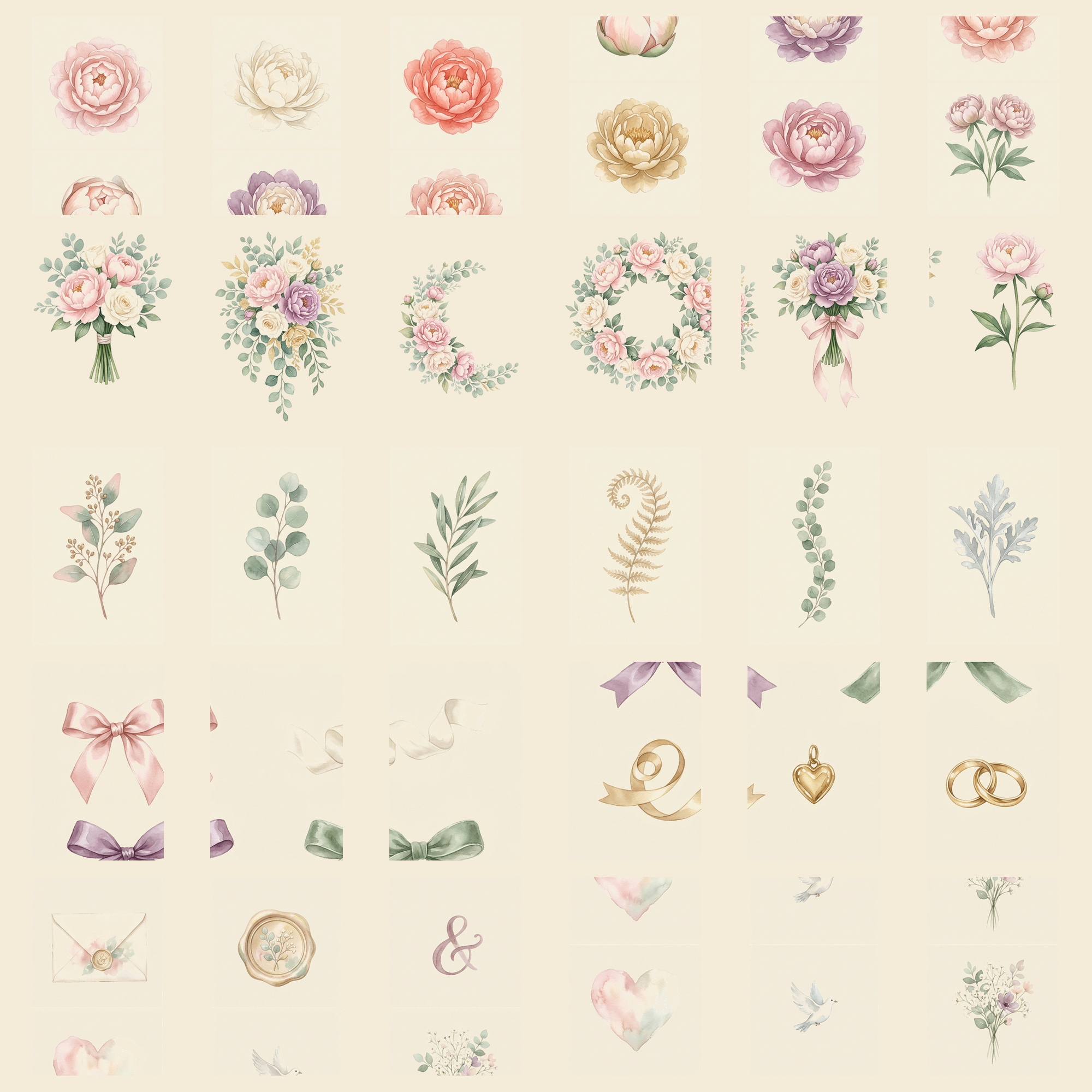 Watercolor Bridal Peonies and Eucalyptus Clipart, 30 PNG, Transparent Background, Commercial Use, Digital Download