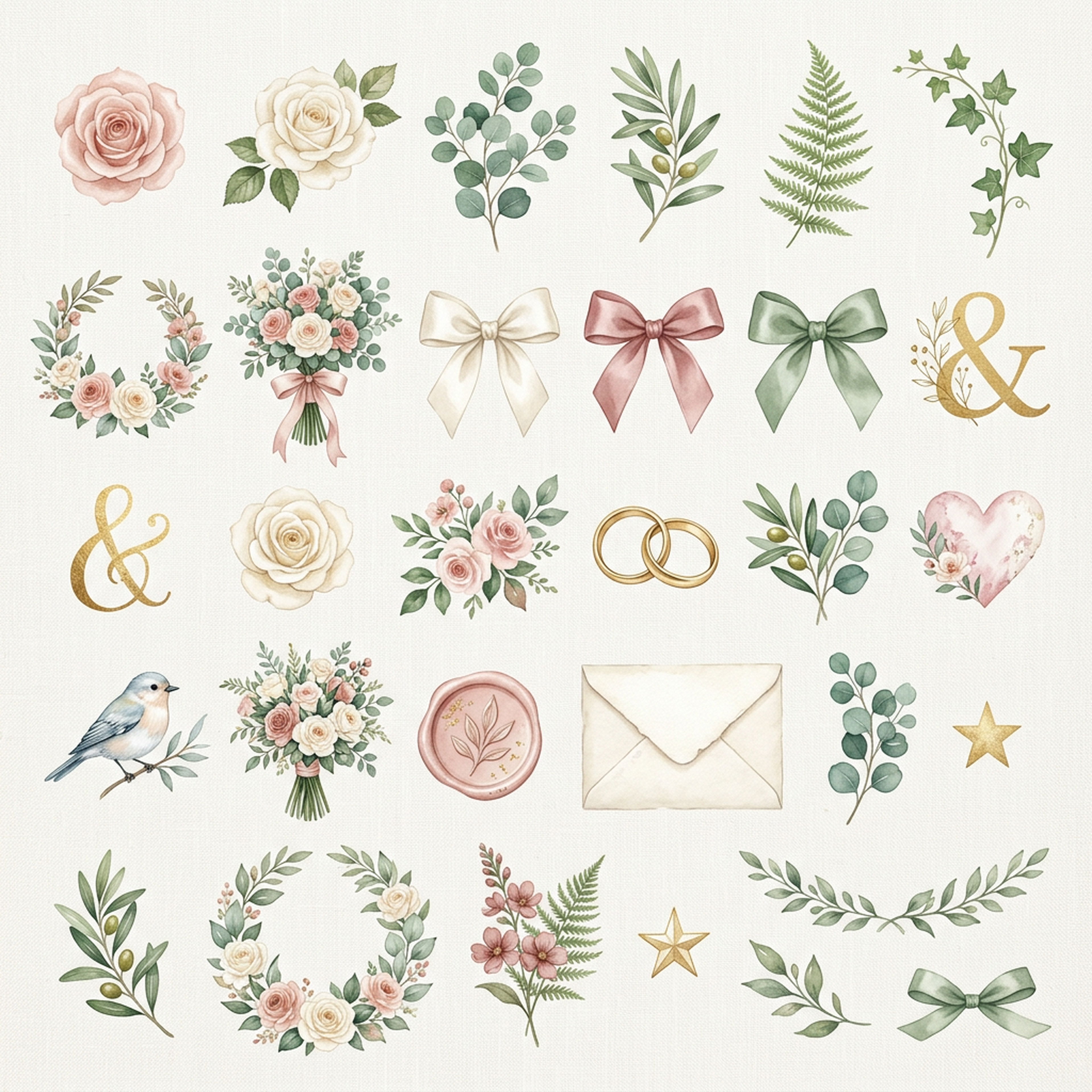 Watercolor Wedding Invitations Floral Clipart, 30 PNG, Transparent Background, Commercial Use, Digital Download