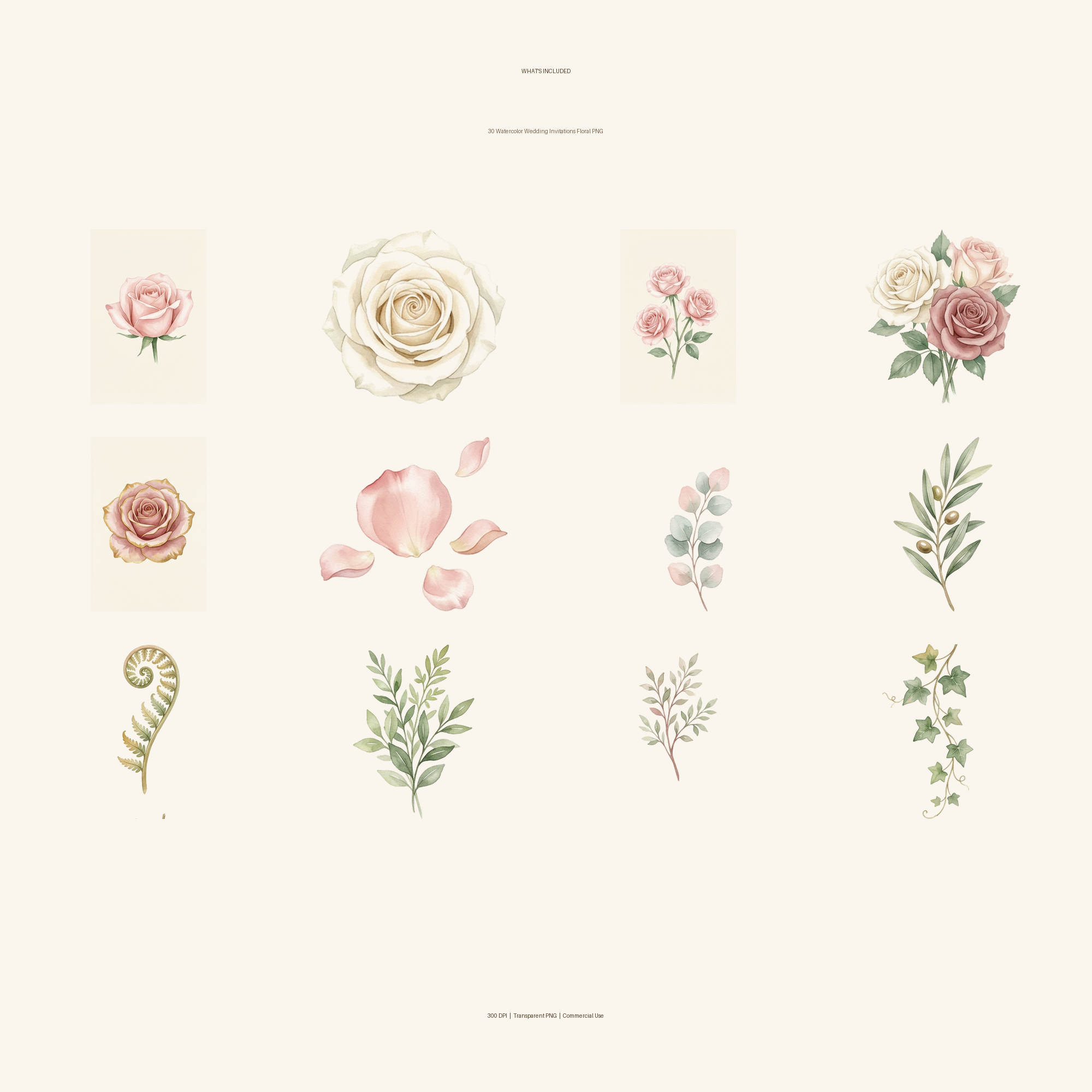 Watercolor Wedding Invitations Floral Clipart, 30 PNG, Transparent Background, Commercial Use, Digital Download