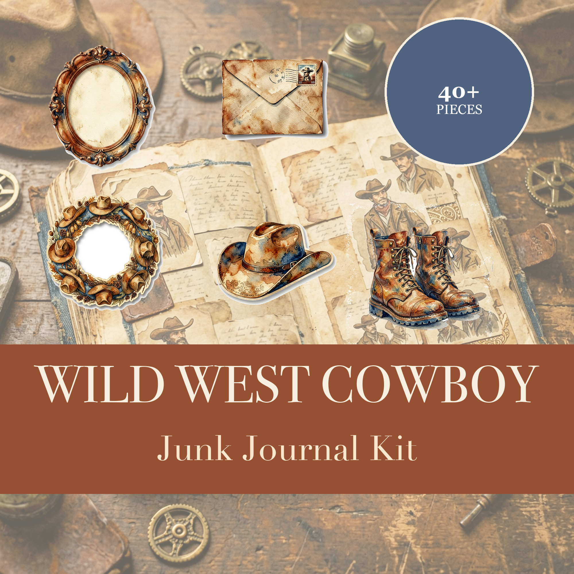 狂野西部牛仔 Junk Journal 手作套組 | 復古西部與競技牛仔做舊素材 | 可列印剪貼圖案 | 電子檔案下載