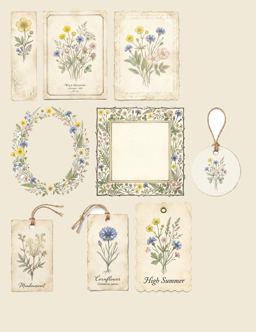 Wildflower Meadow Junk Journal Kit | Vintage Pressed Flower Botanical Ephemera + Printable Sheets | Cottagecore | Digital Download