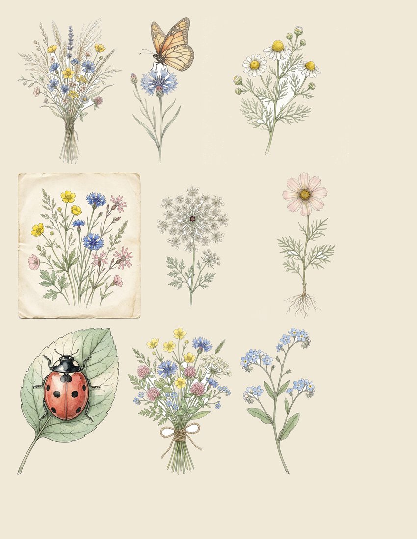Wildflower Meadow Junk Journal Kit | Vintage Pressed Flower Botanical Ephemera + Printable Sheets | Cottagecore | Digital Download