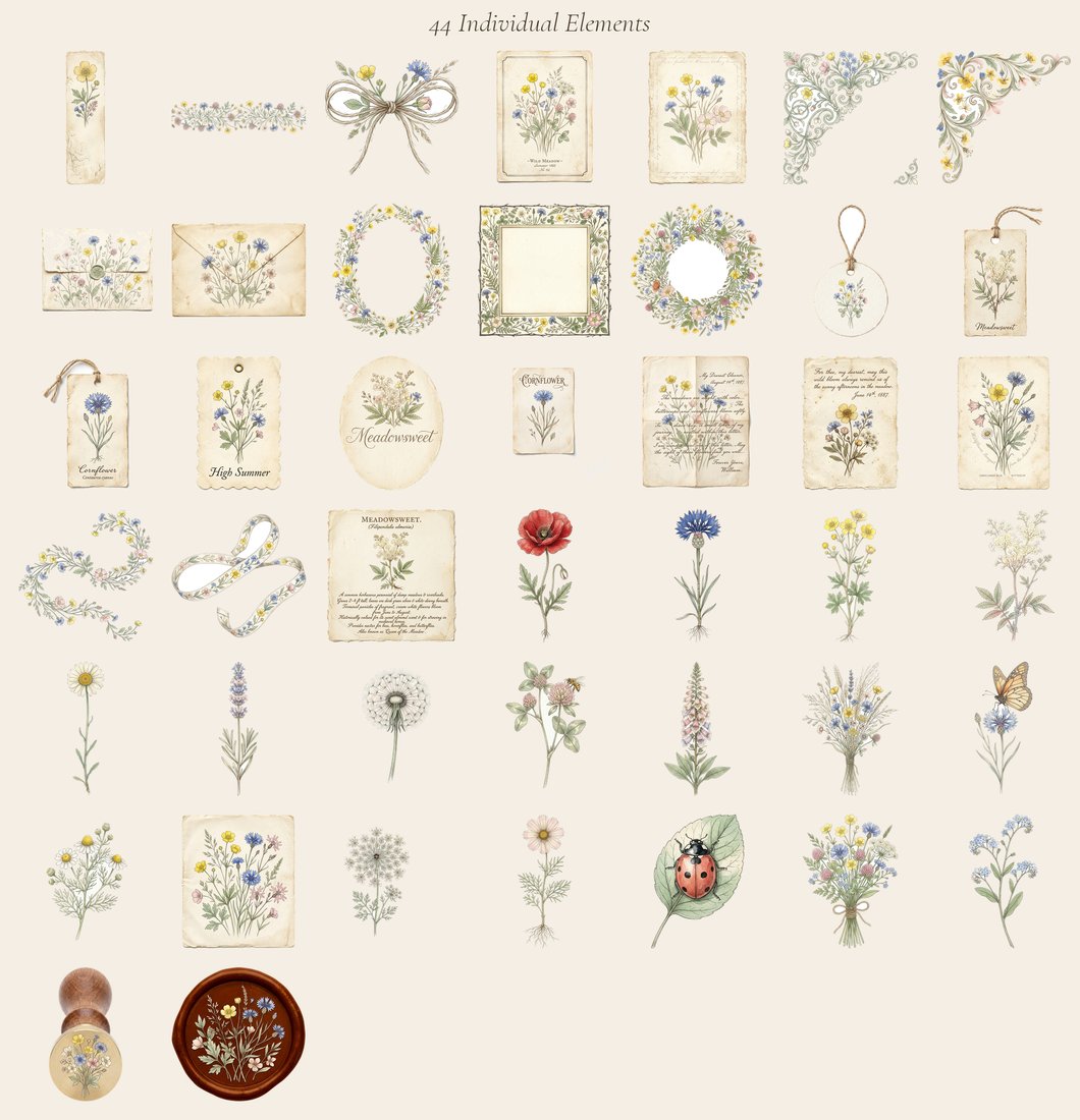 Wildflower Meadow Junk Journal Kit | Vintage Pressed Flower Botanical Ephemera + Printable Sheets | Cottagecore | Digital Download