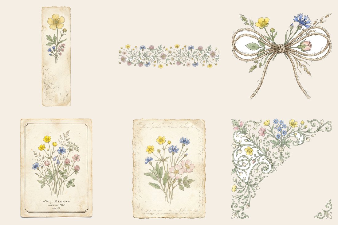 Wildflower Meadow Junk Journal Kit | Vintage Pressed Flower Botanical Ephemera + Printable Sheets | Cottagecore | Digital Download
