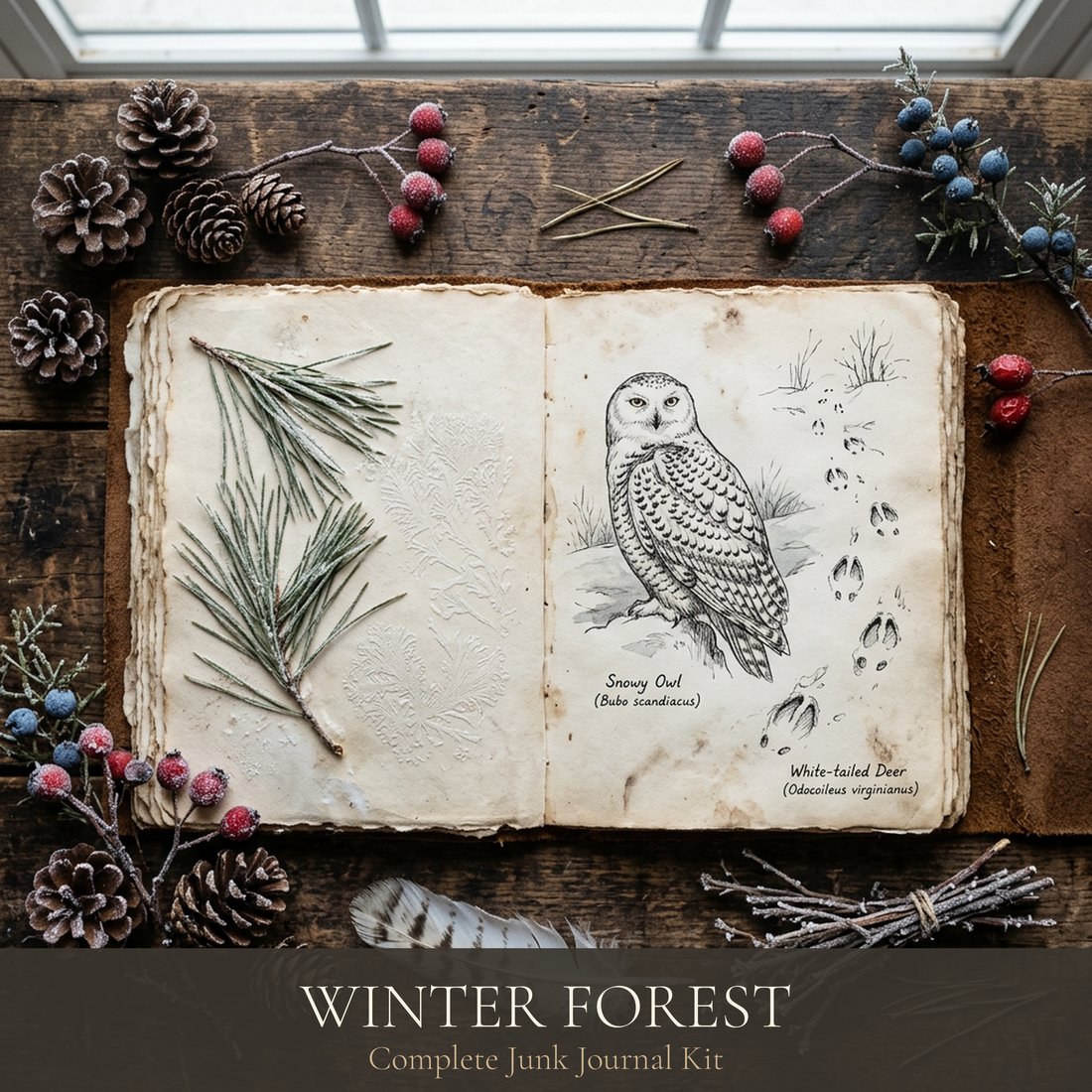 冬日森林 Junk Journal 套裝 | 林間霜雪剪貼紙 + 可列印工作紙 | 電子檔案下載