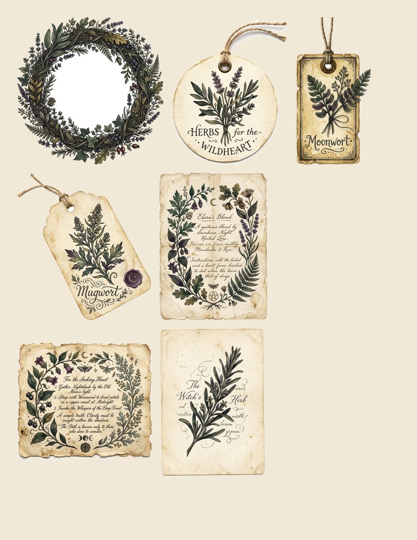 Witch Garden Grimoire Junk Journal Kit | Vintage Herbal Witchy Ephemera + Printable Sheets | Cottagecore Grimoire | Digital Download