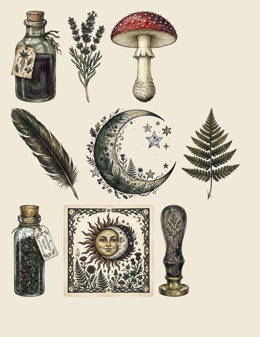 Witch Garden Grimoire Junk Journal Kit | Vintage Herbal Witchy Ephemera + Printable Sheets | Cottagecore Grimoire | Digital Download