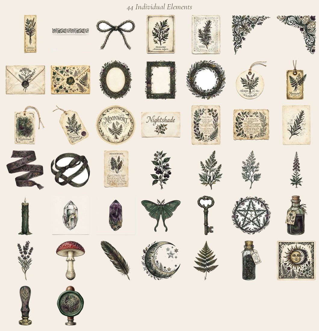 Witch Garden Grimoire Junk Journal Kit | Vintage Herbal Witchy Ephemera + Printable Sheets | Cottagecore Grimoire | Digital Download