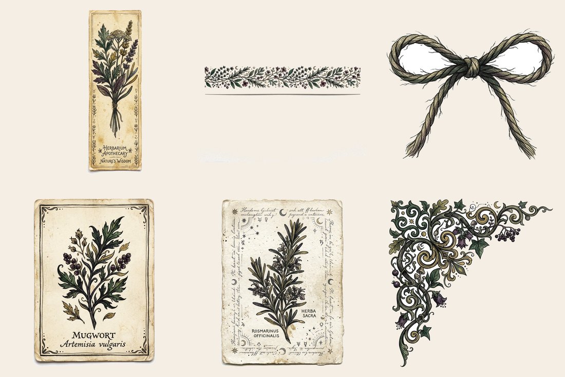Witch Garden Grimoire Junk Journal Kit | Vintage Herbal Witchy Ephemera + Printable Sheets | Cottagecore Grimoire | Digital Download