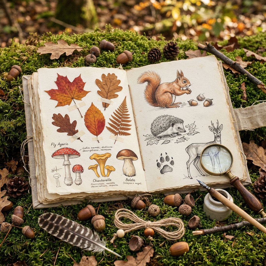 Waldsammlung Junk-Journal-Set | Herbstliche Wald-Ephemera mit Pilzen und Tieren + Druckbare Bögen | Digitaler Download