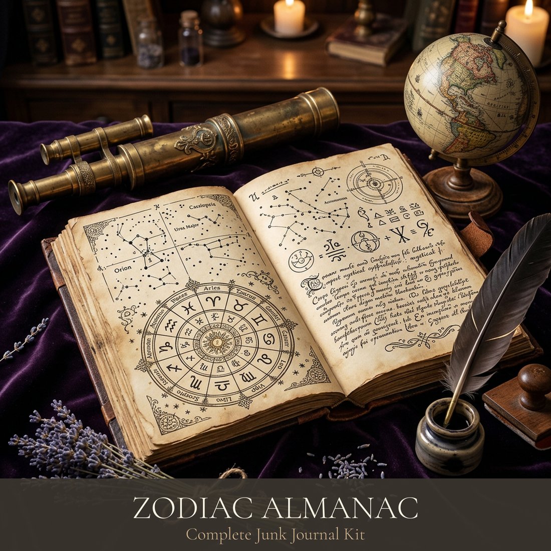 Kit de Junk Journal Almanach du Zodiaque | Éphémères Mystiques d'Astrologie | Pages Imprimables | Téléchargement Numérique